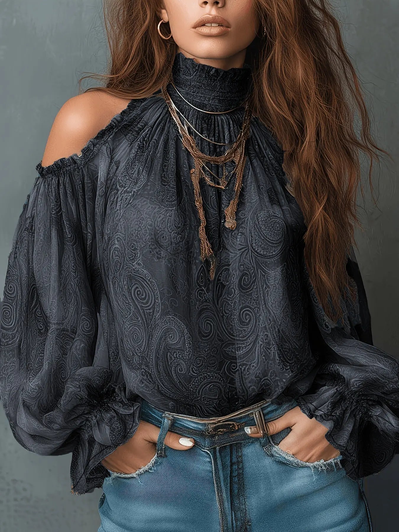 Women's Retro Paisley Print Off-Shoulder Blouse – Lantern Sleeves, 4 Colors Vicsxox
