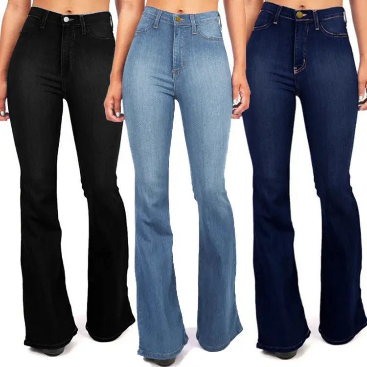 Three pairs of flared jeans in black, blue, and navy on a white background
