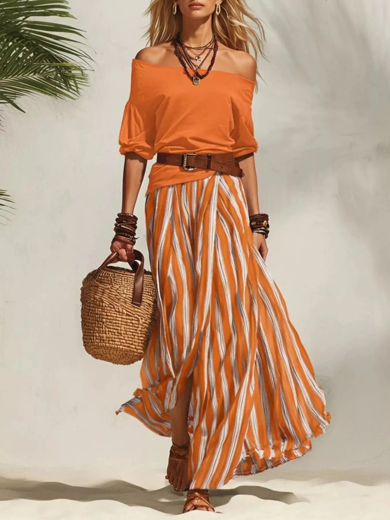 Women's Off-Shoulder Top & Striped Maxi Skirt Set – 9 Colors, S–2XL Vicsxox
