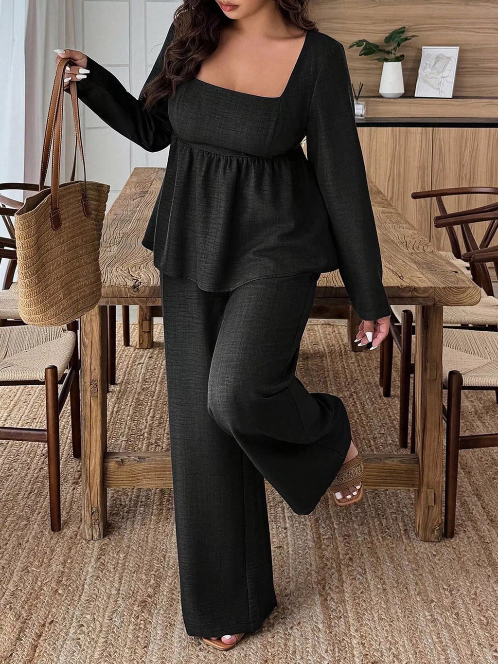 Plus Size Square-Neck Long-Sleeve Top & Pants Set