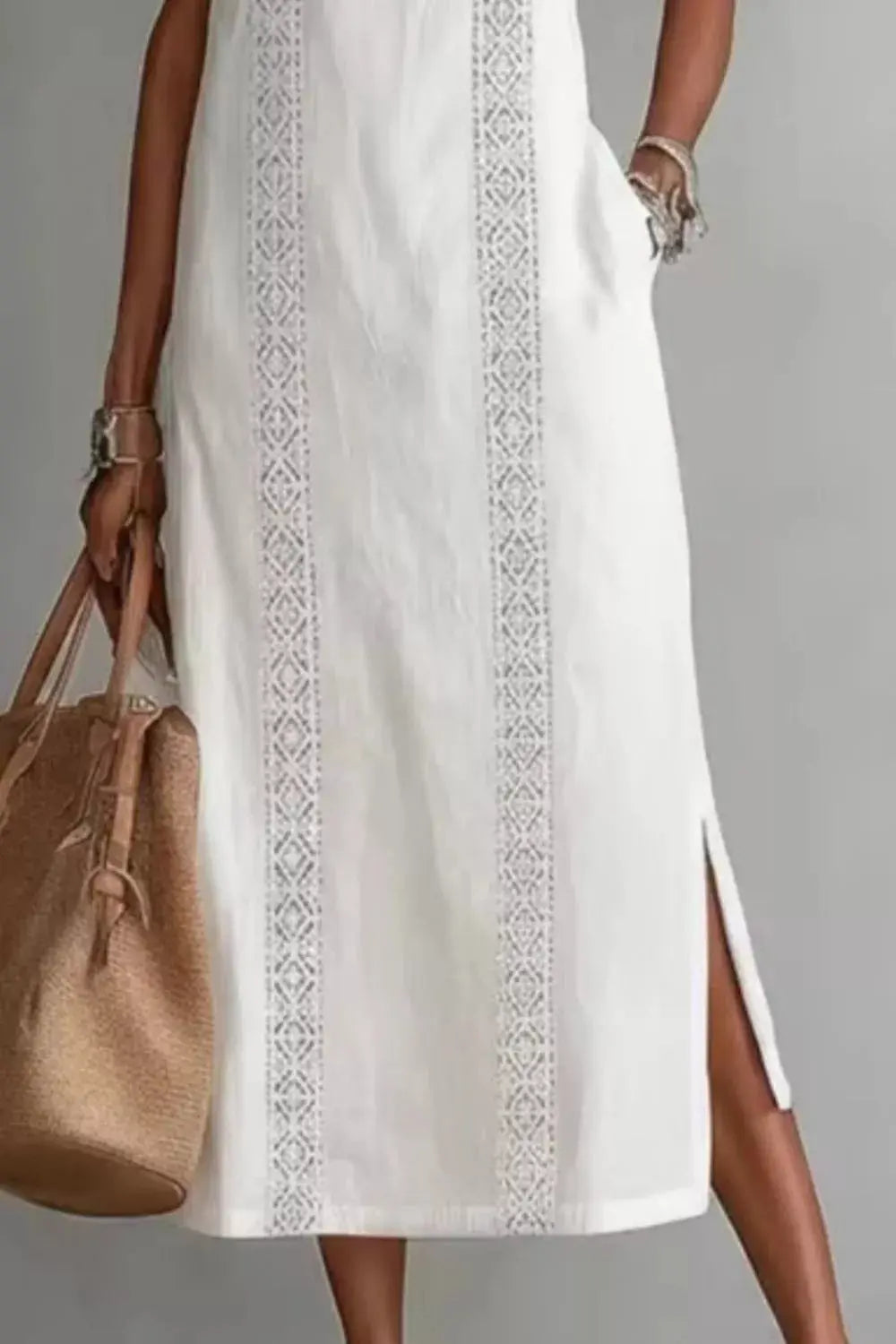 Side view of sleeveless pocketed dress