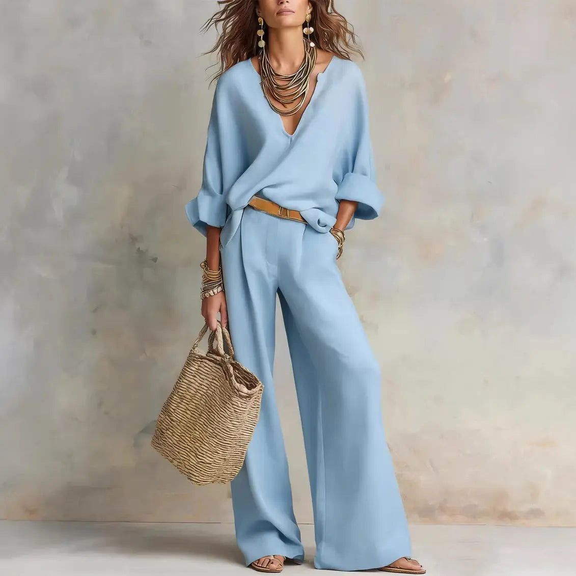 Woman wearing a light blue outfit holding a straw bag against a neutral background