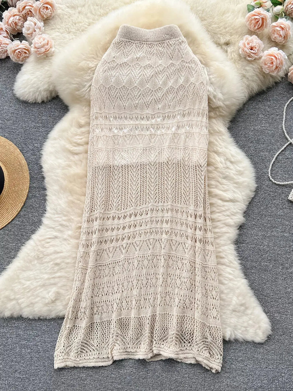 Knitted hollow out maxi skirt styled on model