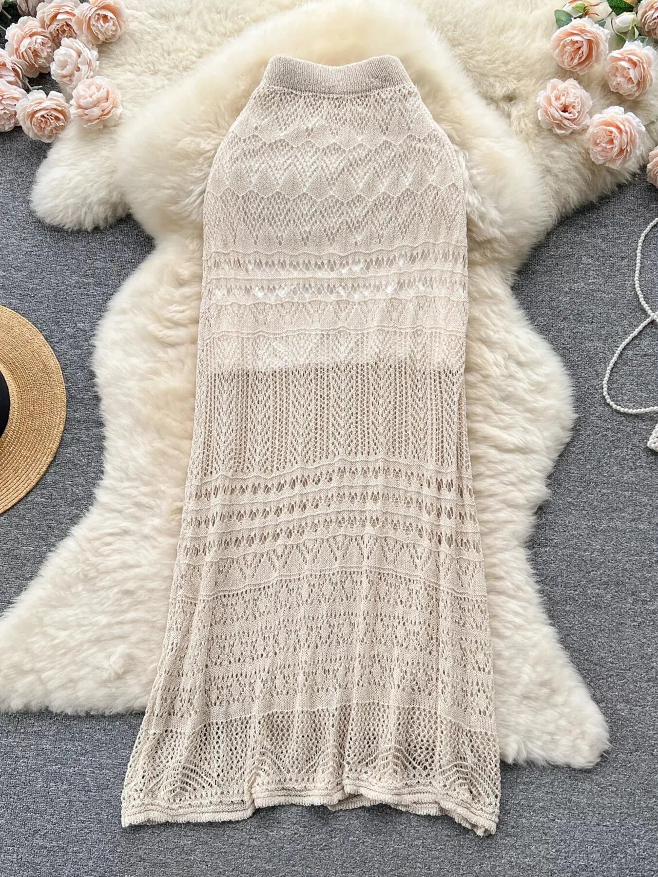 Knitted hollow out maxi skirt styled on model