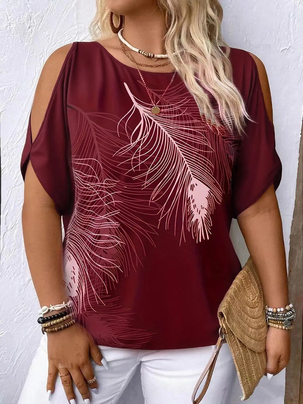 Women's Feather Print Off-Shoulder Top – Loose Fit, 4 Colors Vicsxox