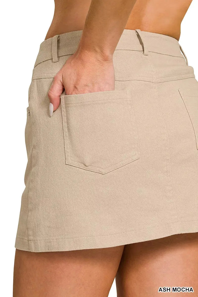 Cotton twill lined mini skirt styled on model