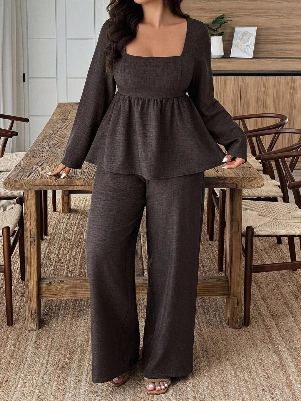 Plus Size Square-Neck Long-Sleeve Top & Pants Set