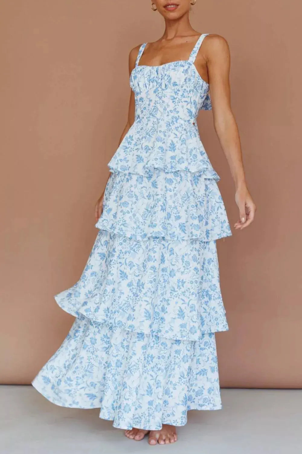 Full length view of floral layered maxi dress