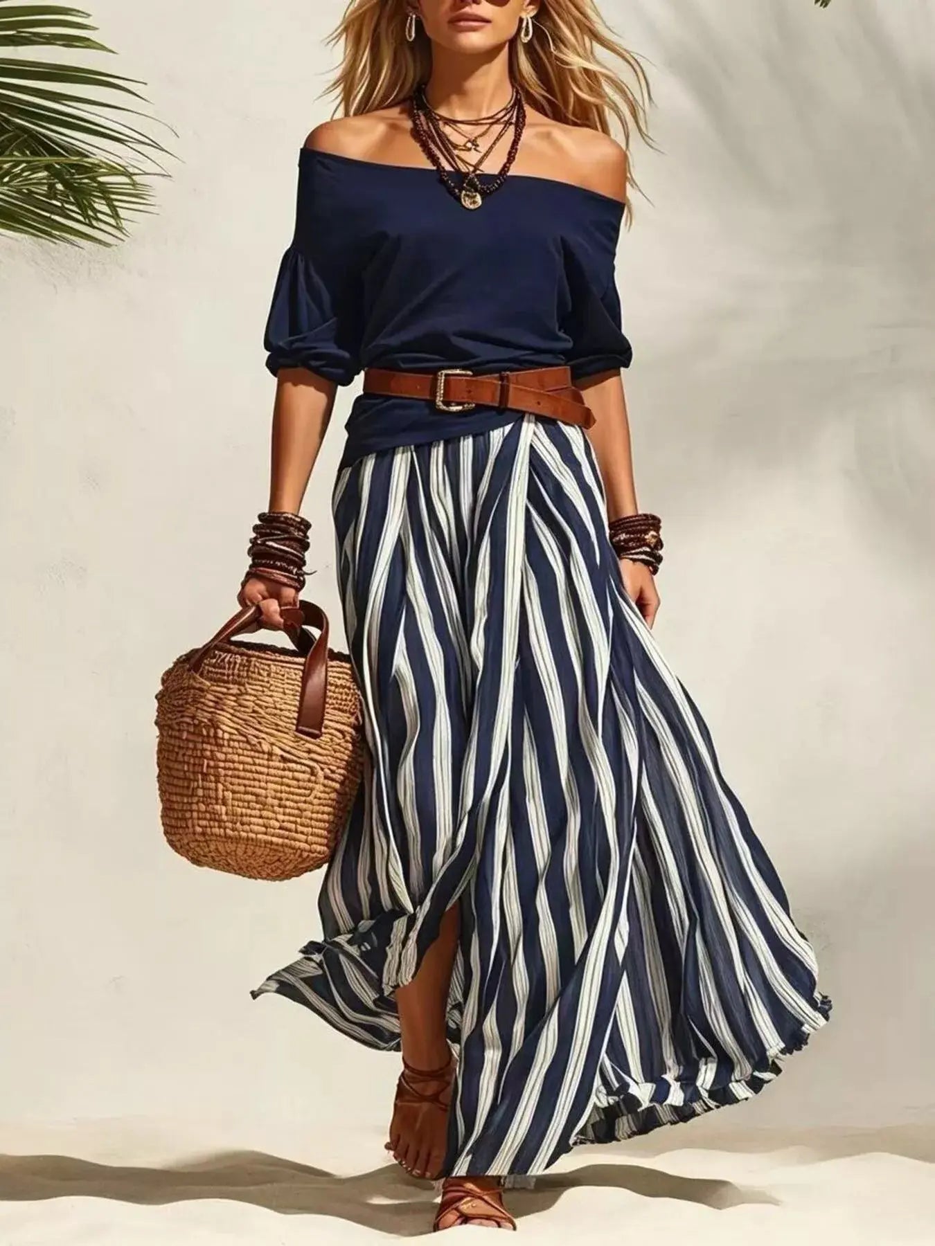 Women's Off-Shoulder Top & Striped Maxi Skirt Set – 9 Colors, S–2XL Vicsxox