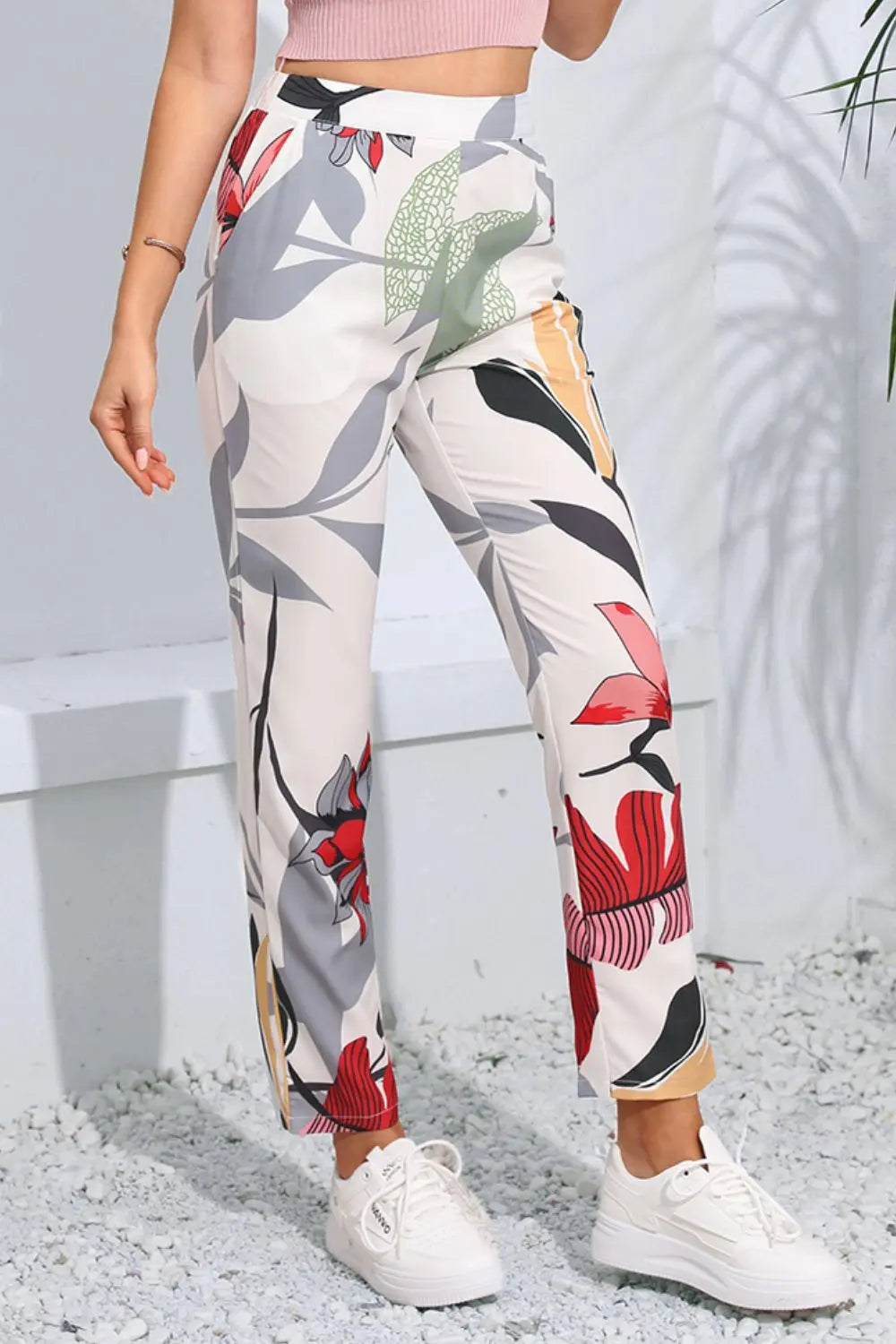 Floral print cropped pants styled on model