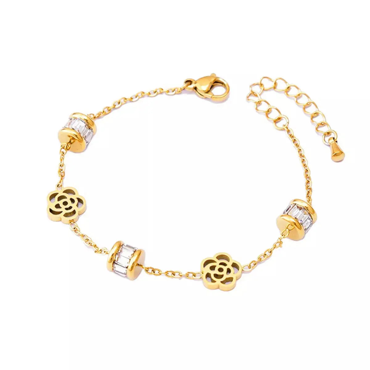 Woman wearing gold flower bracelet