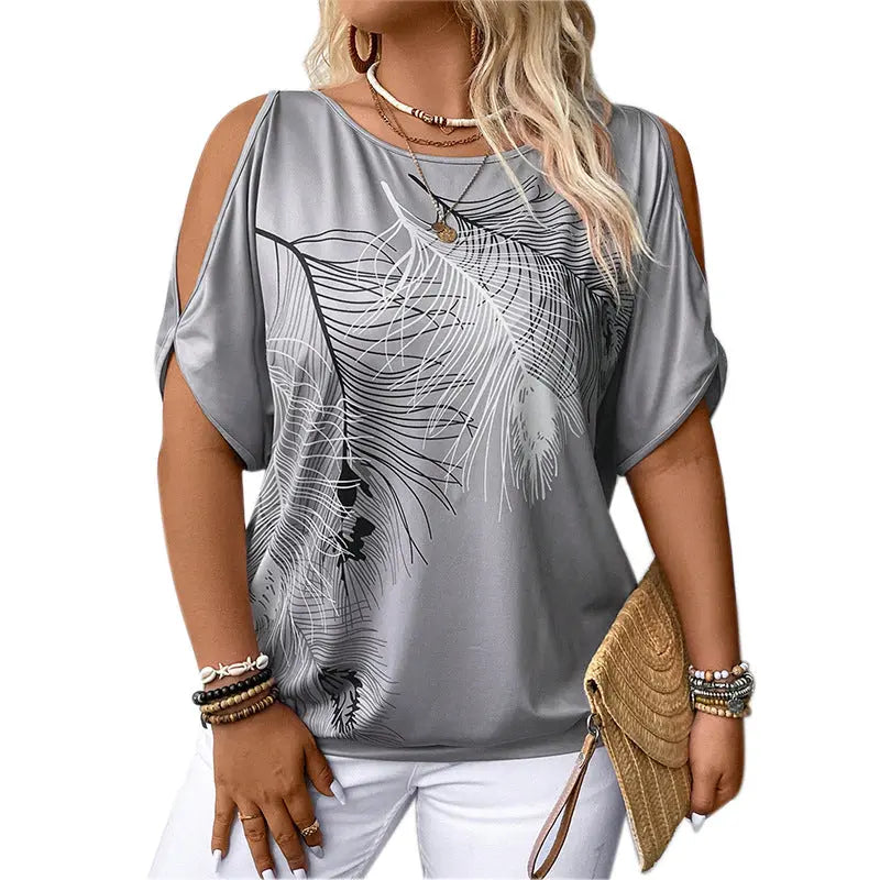 Women's Feather Print Off-Shoulder Top – Loose Fit, 4 Colors Vicsxox