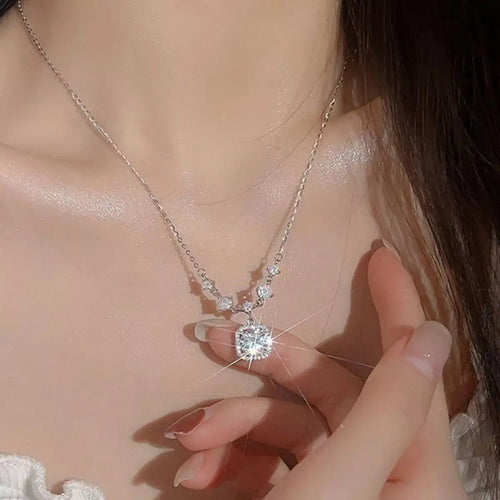 2ct Moissanite Cushion Halo Drop Pendant Necklace in Sterling Silver