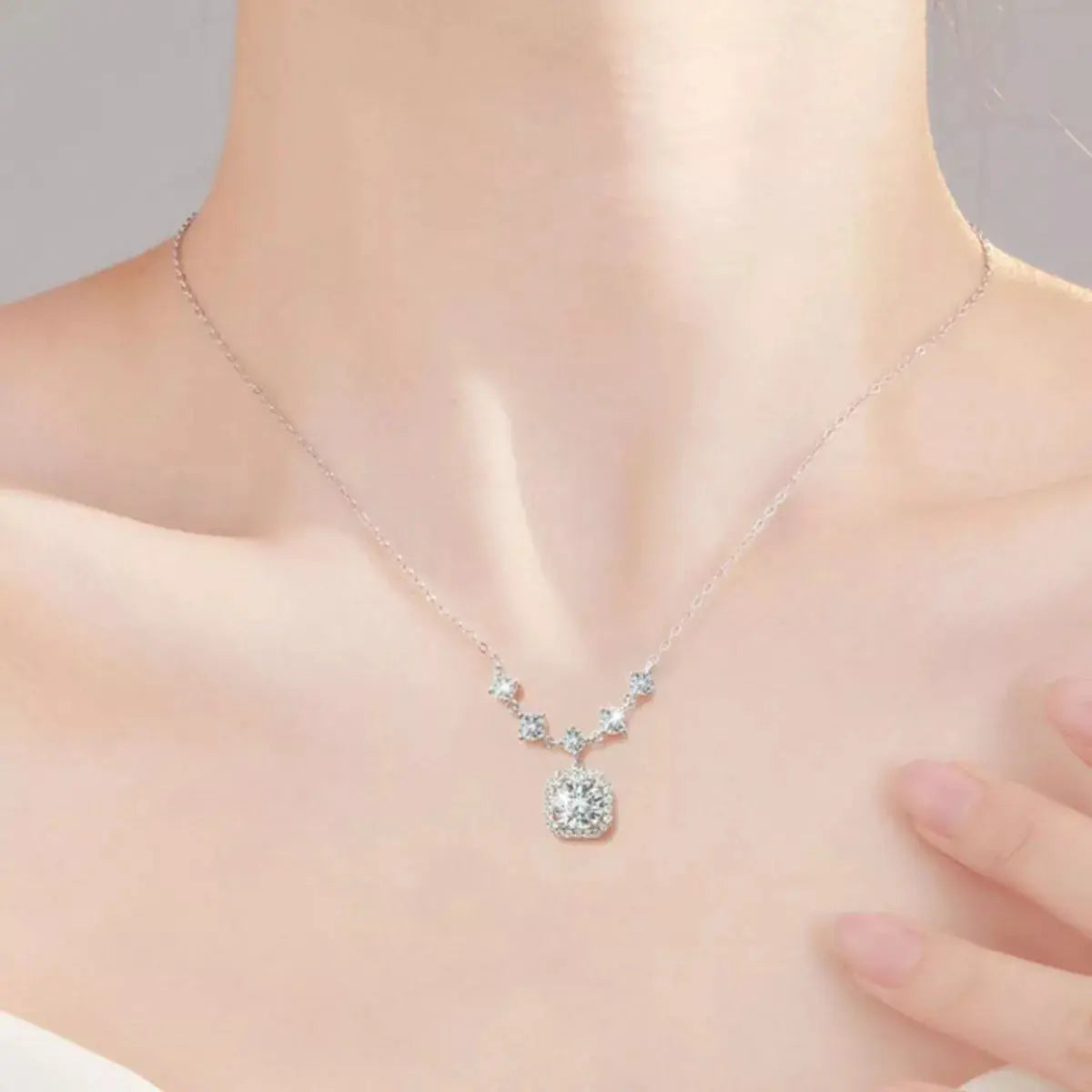 2ct Moissanite Cushion Halo Drop Pendant Necklace in Sterling Silver