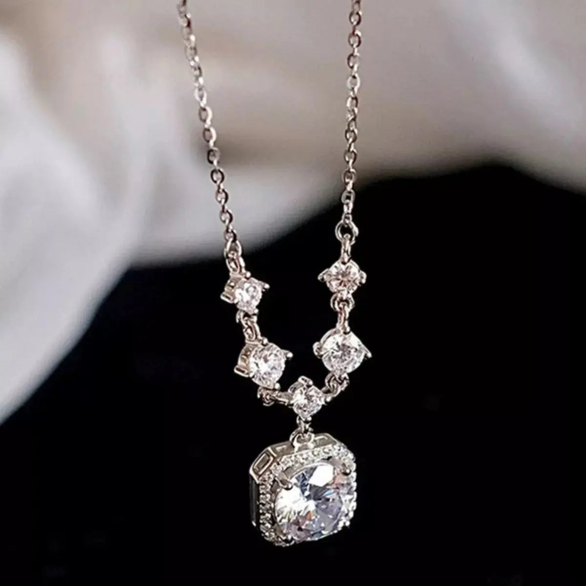 2ct Moissanite Cushion Halo Drop Pendant Necklace in Sterling Silver Vicsxox.com