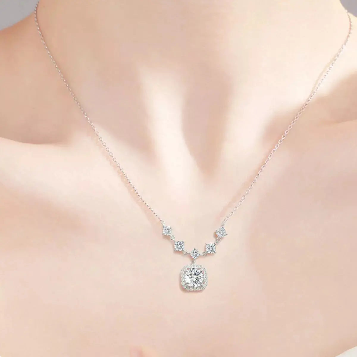 2ct Moissanite Cushion Halo Drop Pendant Necklace in Sterling Silver Vicsxox.com