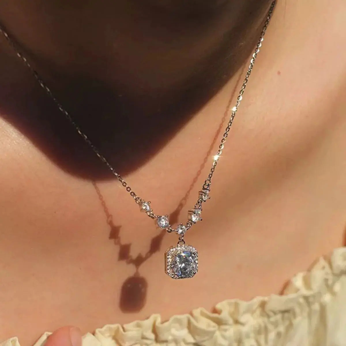2ct Moissanite Cushion Halo Drop Pendant Necklace in Sterling Silver Vicsxox