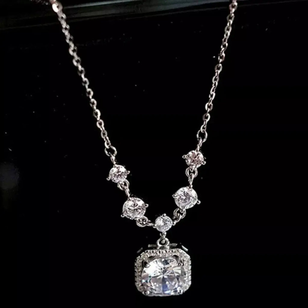 2ct Moissanite Cushion Halo Drop Pendant Necklace in Sterling Silver Vicsxox.com