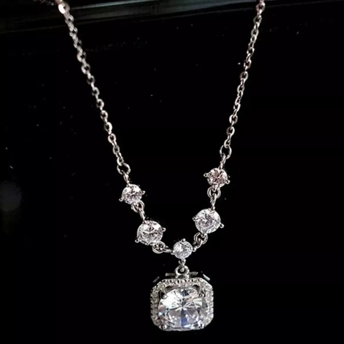 2ct Moissanite Cushion Halo Drop Pendant Necklace in Sterling Silver Vicsxox.com