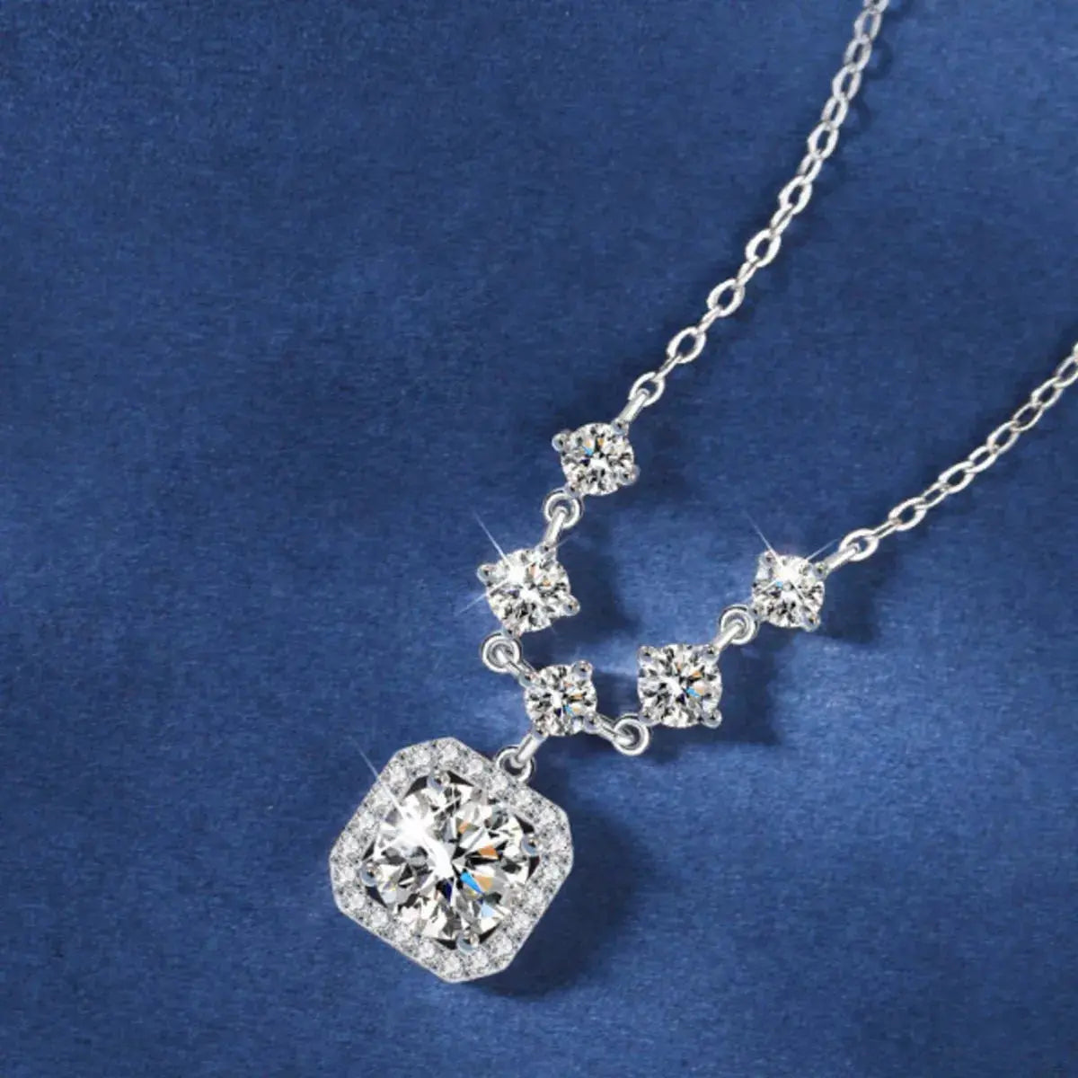 2ct Moissanite Cushion Halo Drop Pendant Necklace in Sterling Silver Vicsxox.com