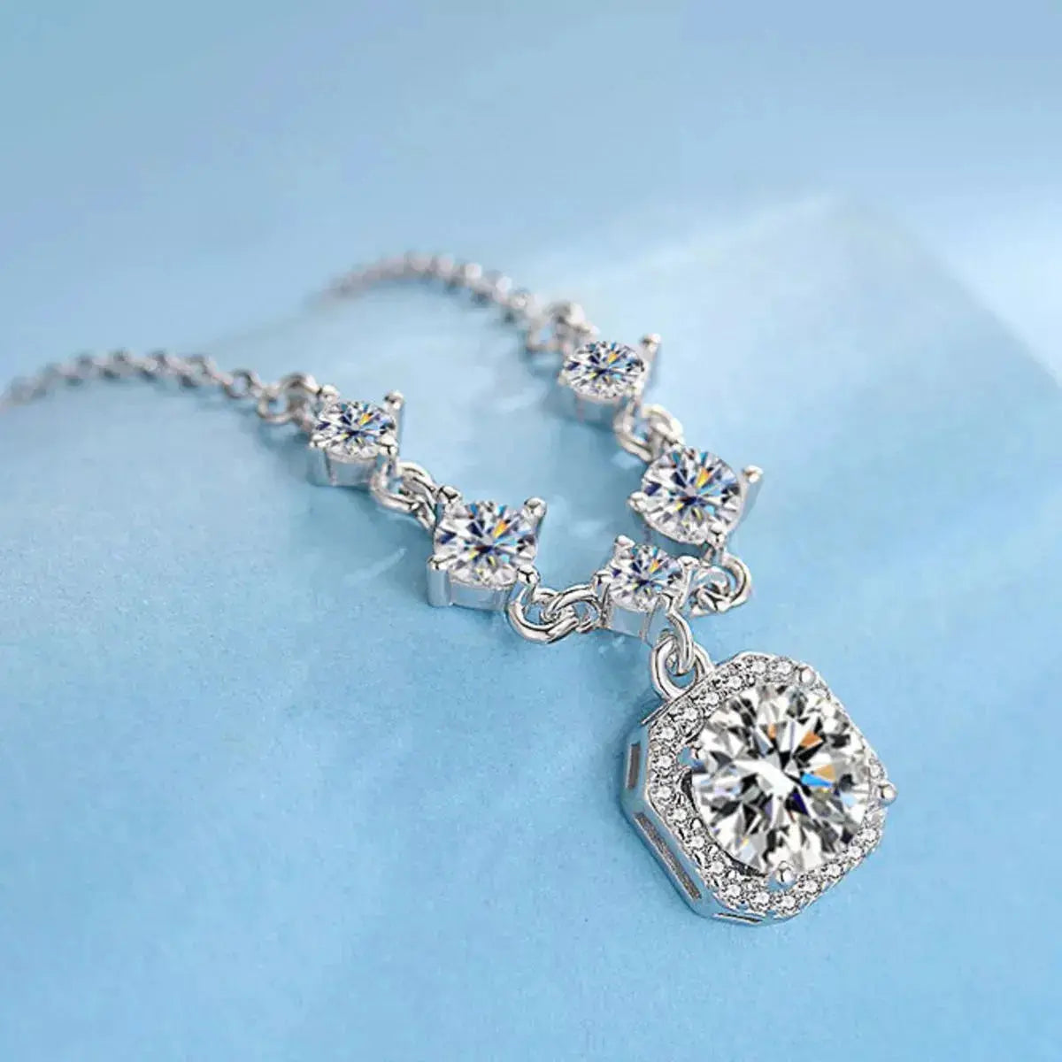2ct Moissanite Cushion Halo Drop Pendant Necklace in Sterling Silver Vicsxox.com
