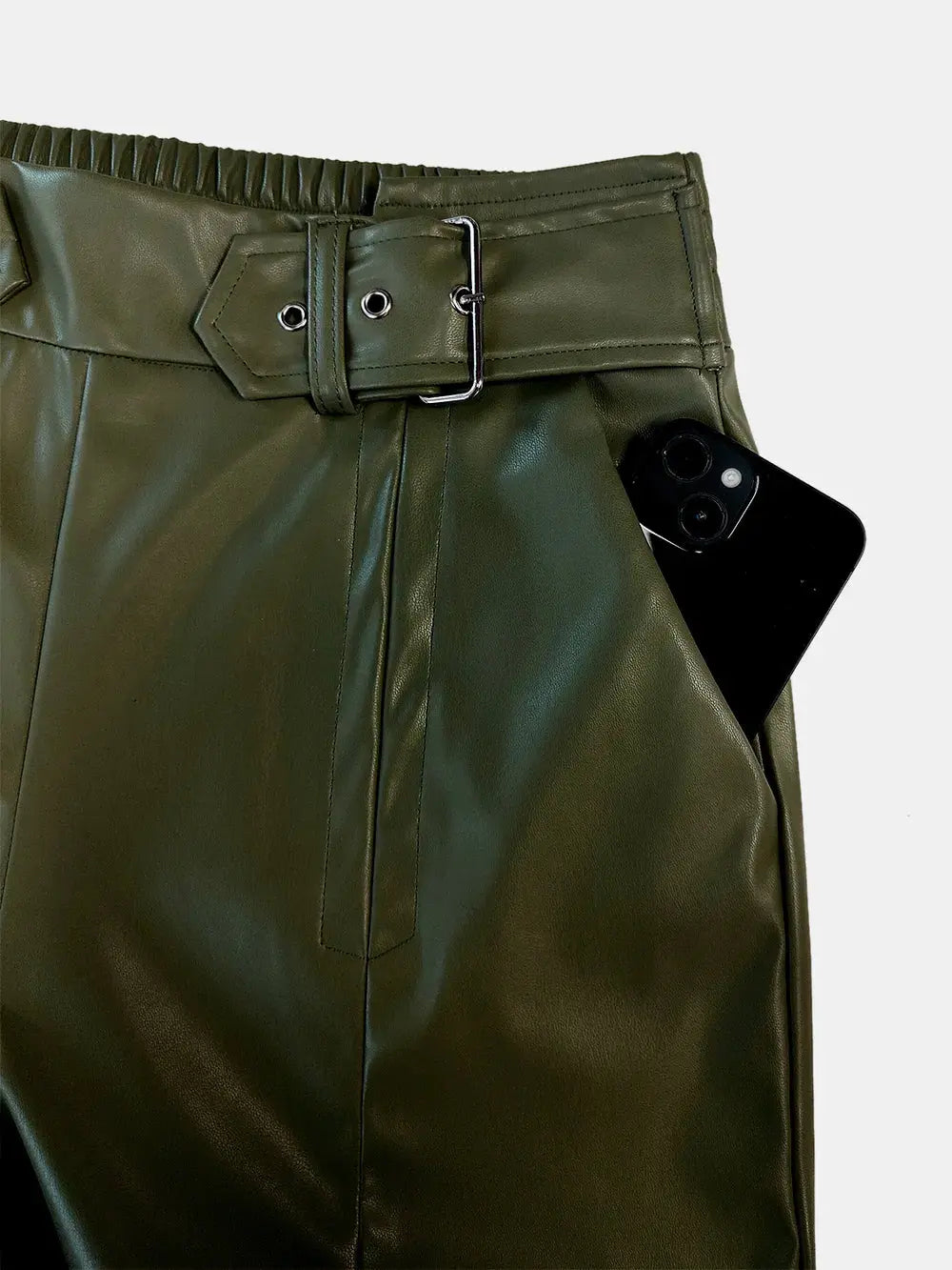 Half elastic waist wide leg pants styled on model