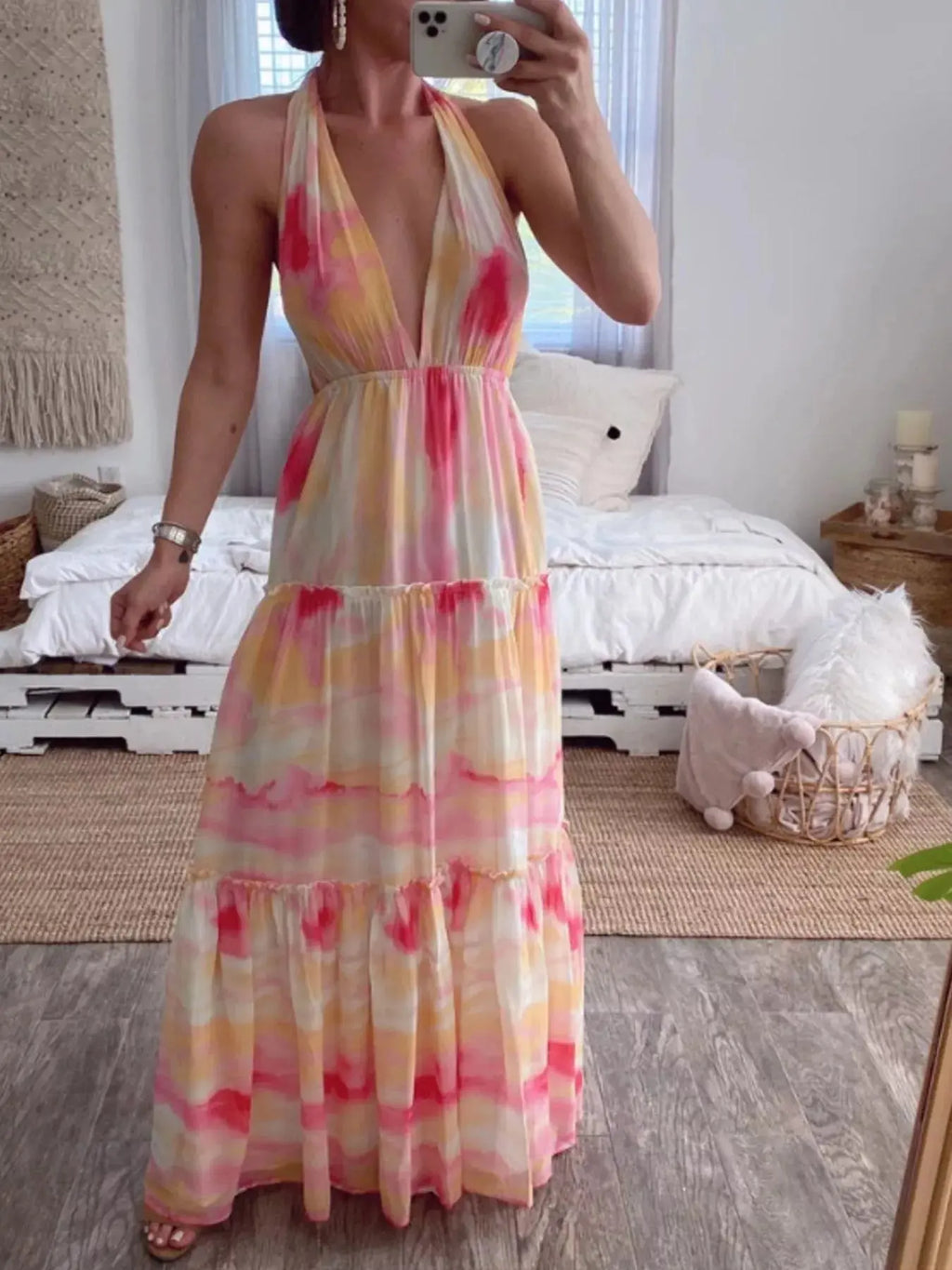 Full length view of tie-dye tiered maxi dress