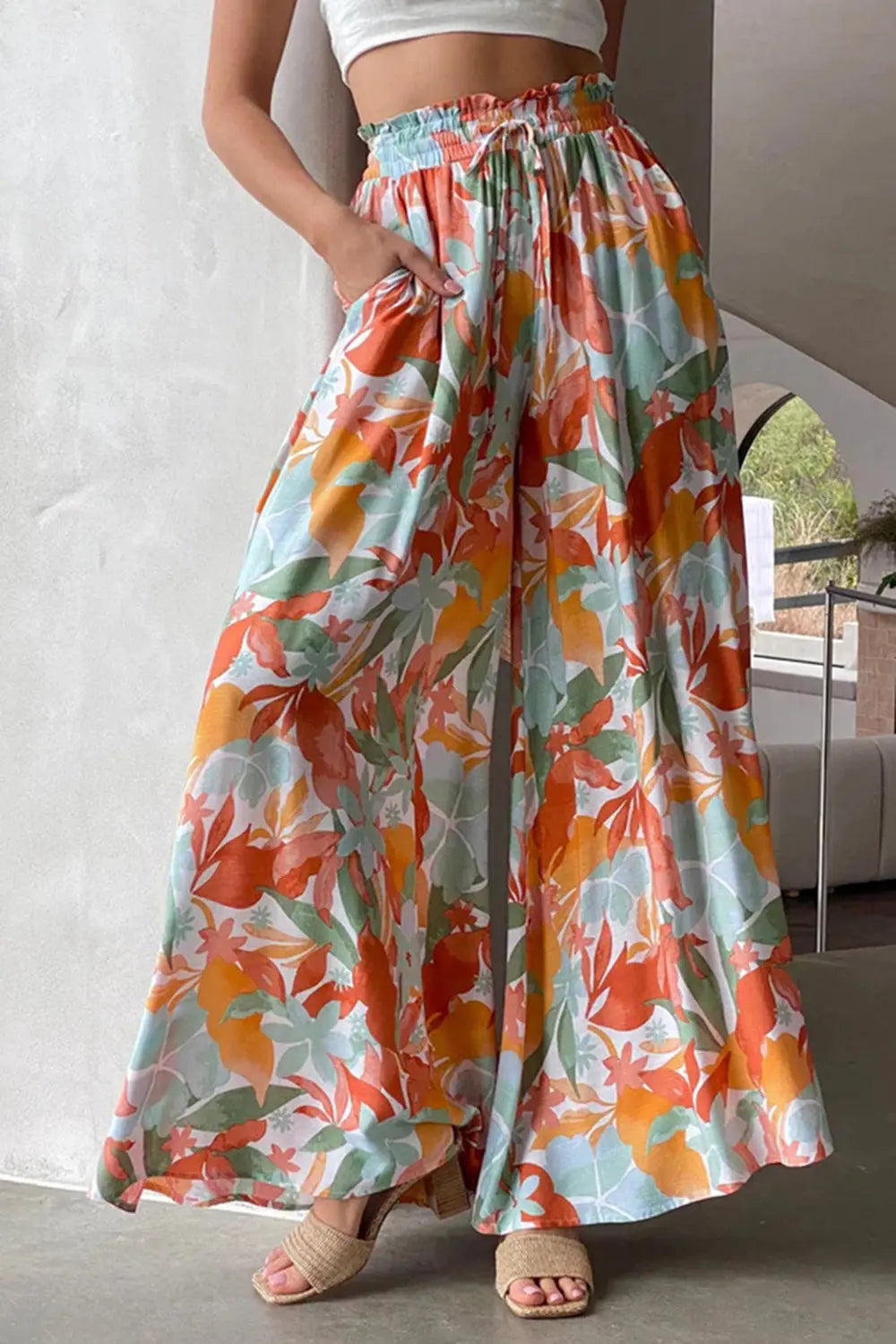 Tied wide leg pants styled on model