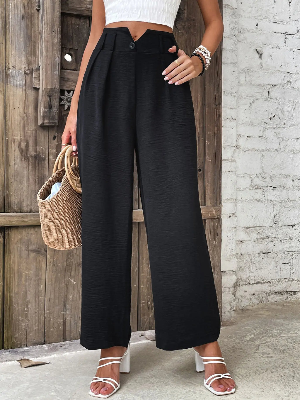 Ruched high waist straight leg pants, front view