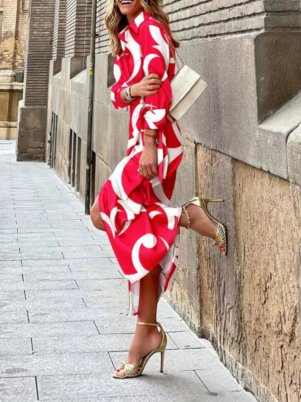Women's Printed Shirt Dress – Collared, Tied Waist, 4 Colors Vicsxox
