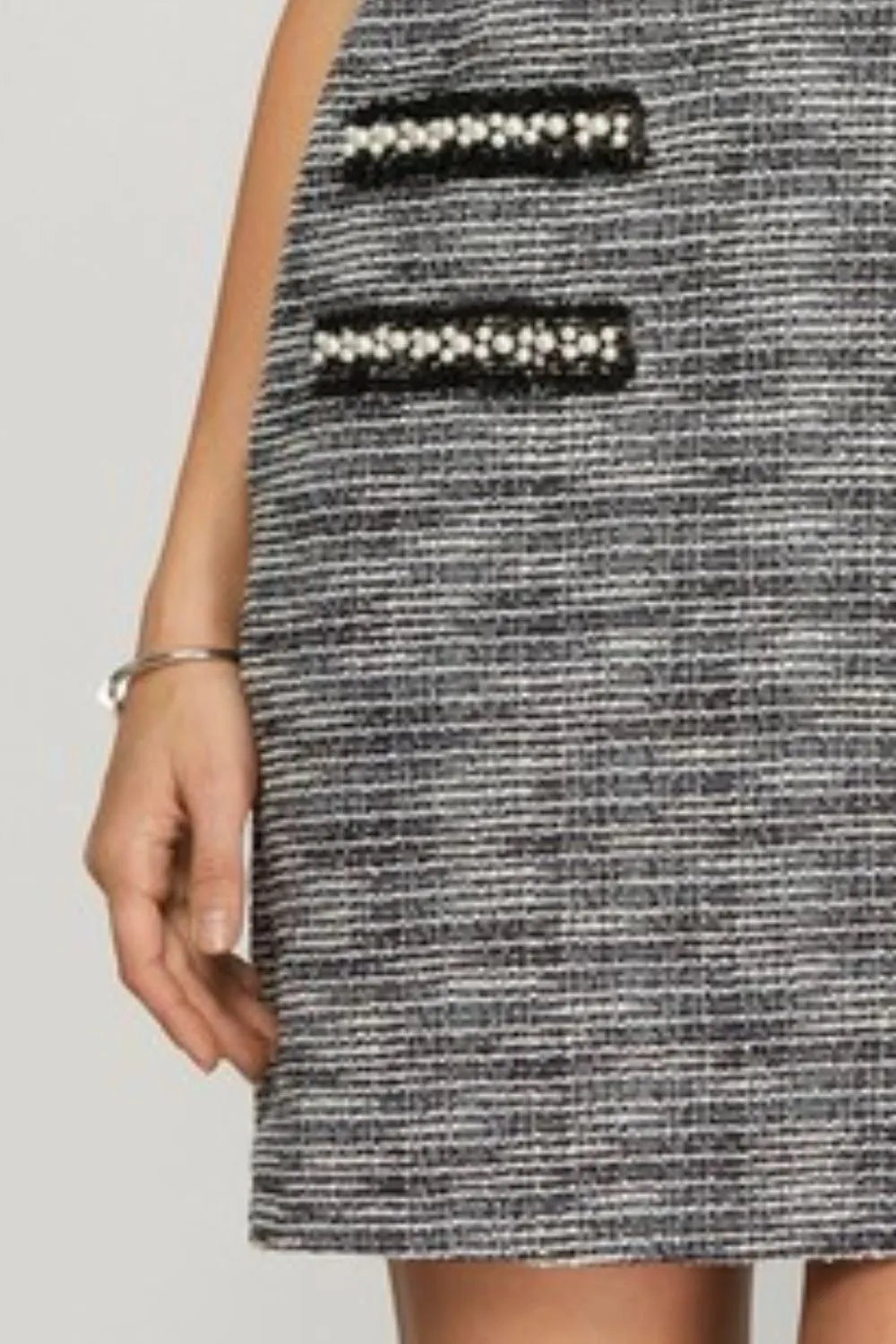 Pearl studded knit tweed dress styled on model