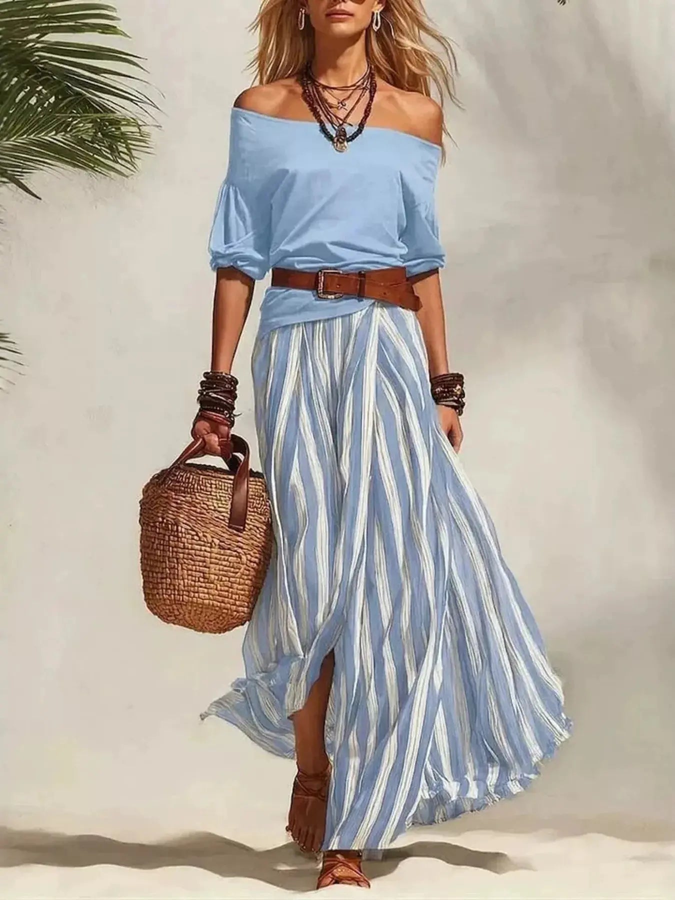 Woman in a blue off-shoulder top and striped skirt holding a woven bag on a beach.