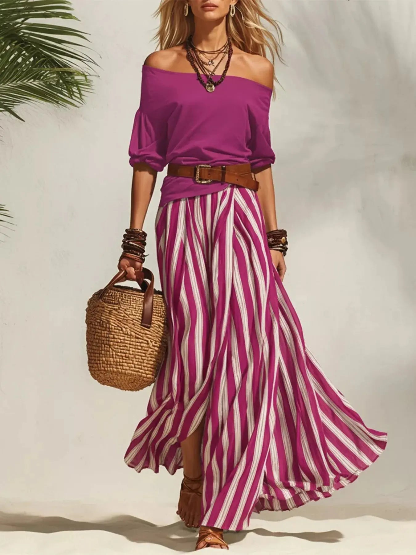 Women's Off-Shoulder Top & Striped Maxi Skirt Set – 9 Colors, S–2XL Vicsxox