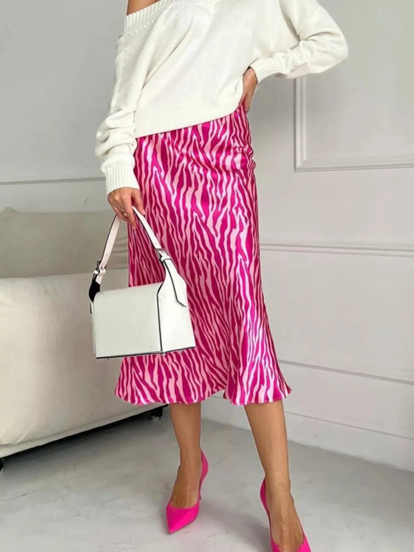 Satin zebra print midi skirt detail