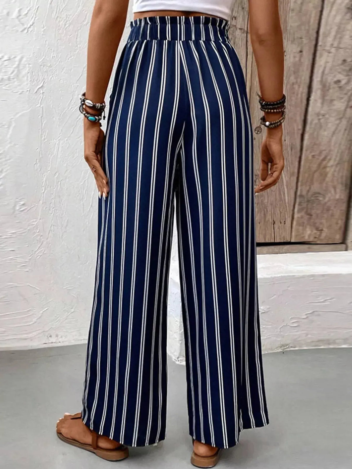 Striped Wide-Leg Pants | Elastic Waist Coastal Trousers Vicsxox.com