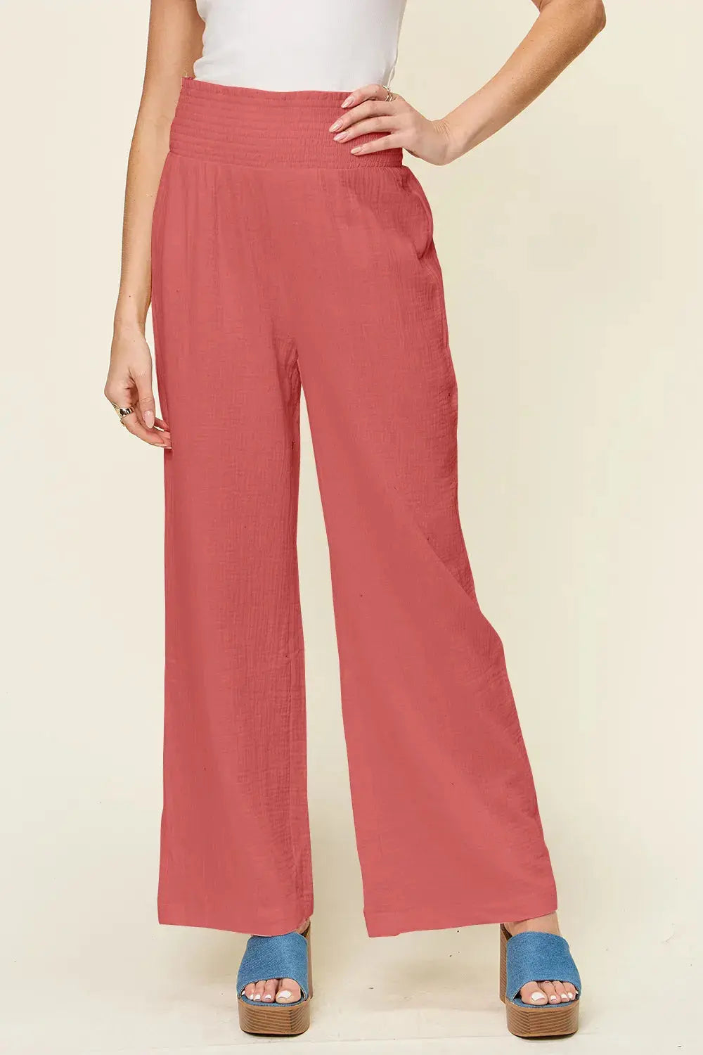 Texture smocked waist wide leg pants, front view