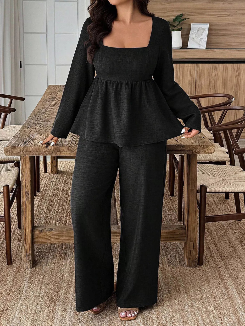 Plus Size Square-Neck Long-Sleeve Top & Pants Set