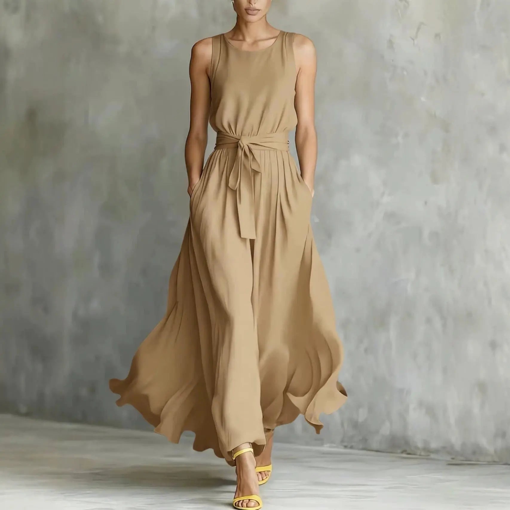 Woman wearing a beige flowing dress against a gray concrete wall.