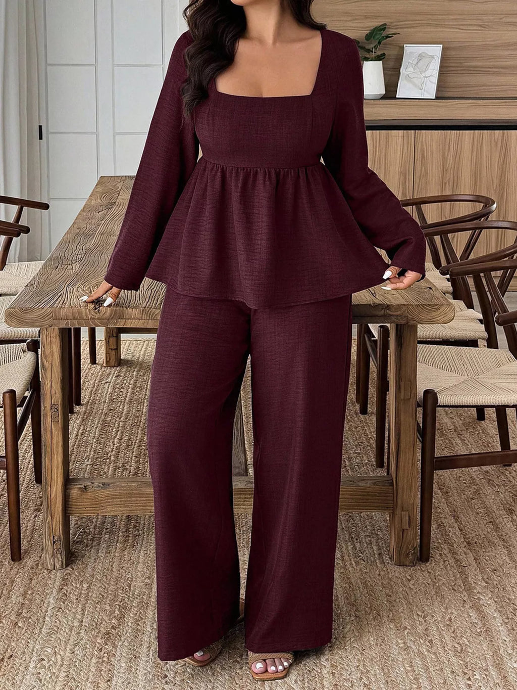 Plus Size Square-Neck Long-Sleeve Top & Pants Set