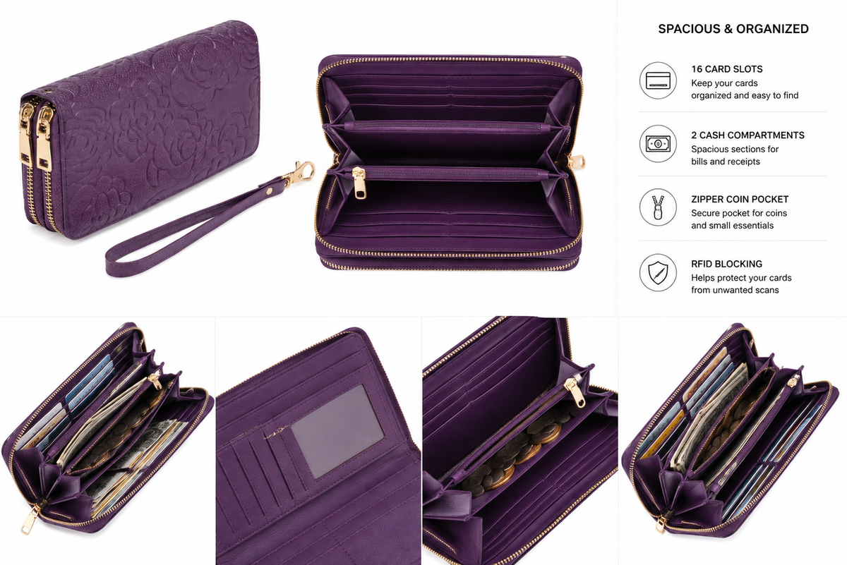 Embossed Camellia Floral Double Zip Wallet Wristlet