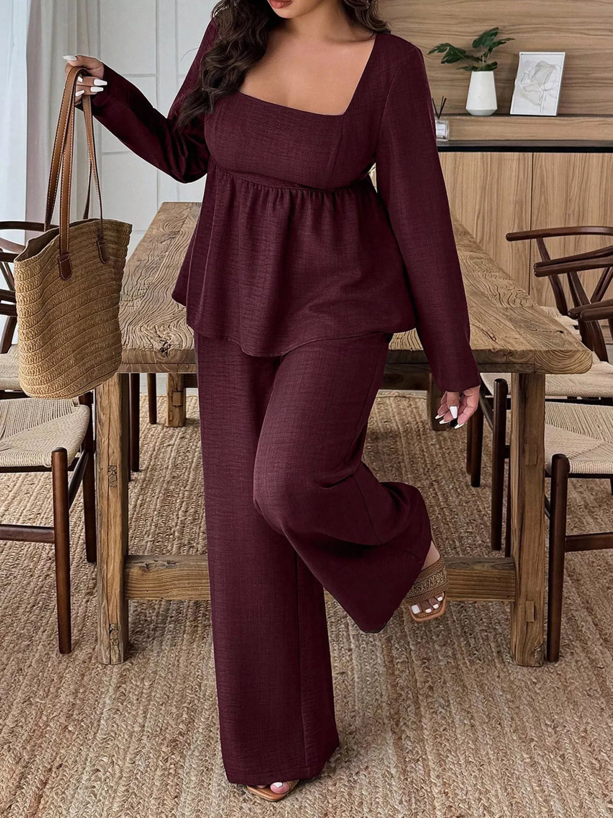 Plus Size Square-Neck Long-Sleeve Top & Pants Set