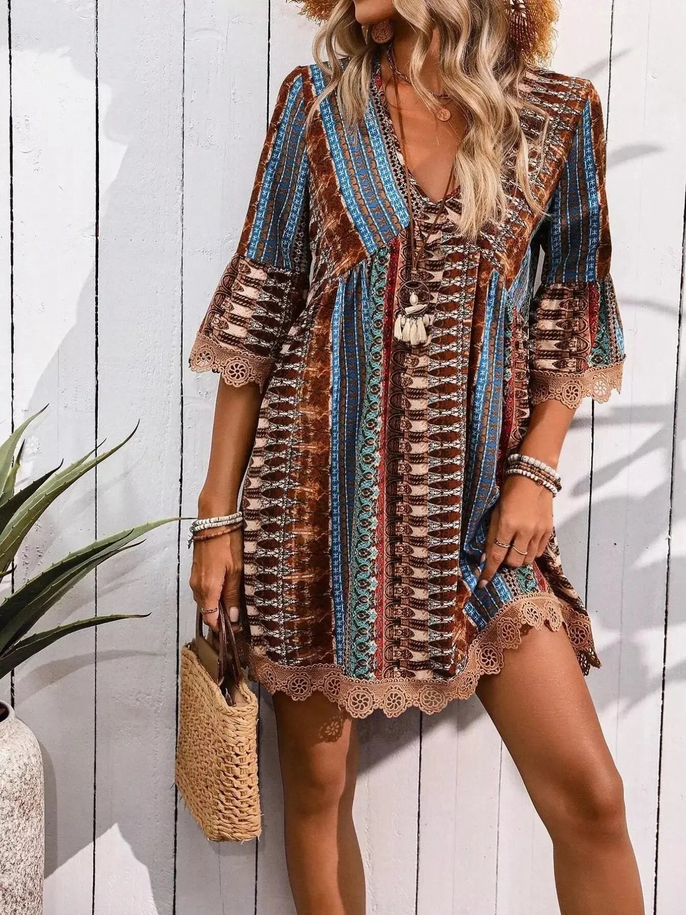 Printed V-Neck A-Line Dress Shopimist