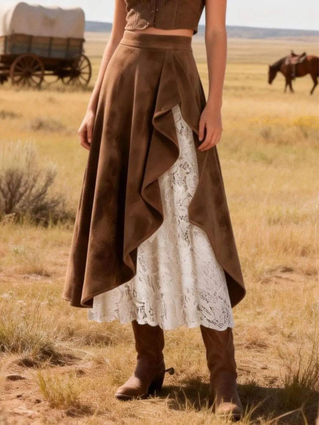Lace ruffled midi skirt, front view