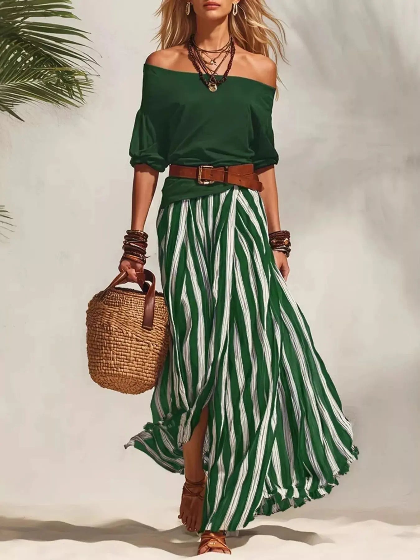 Women's Off-Shoulder Top & Striped Maxi Skirt Set – 9 Colors, S–2XL Vicsxox
