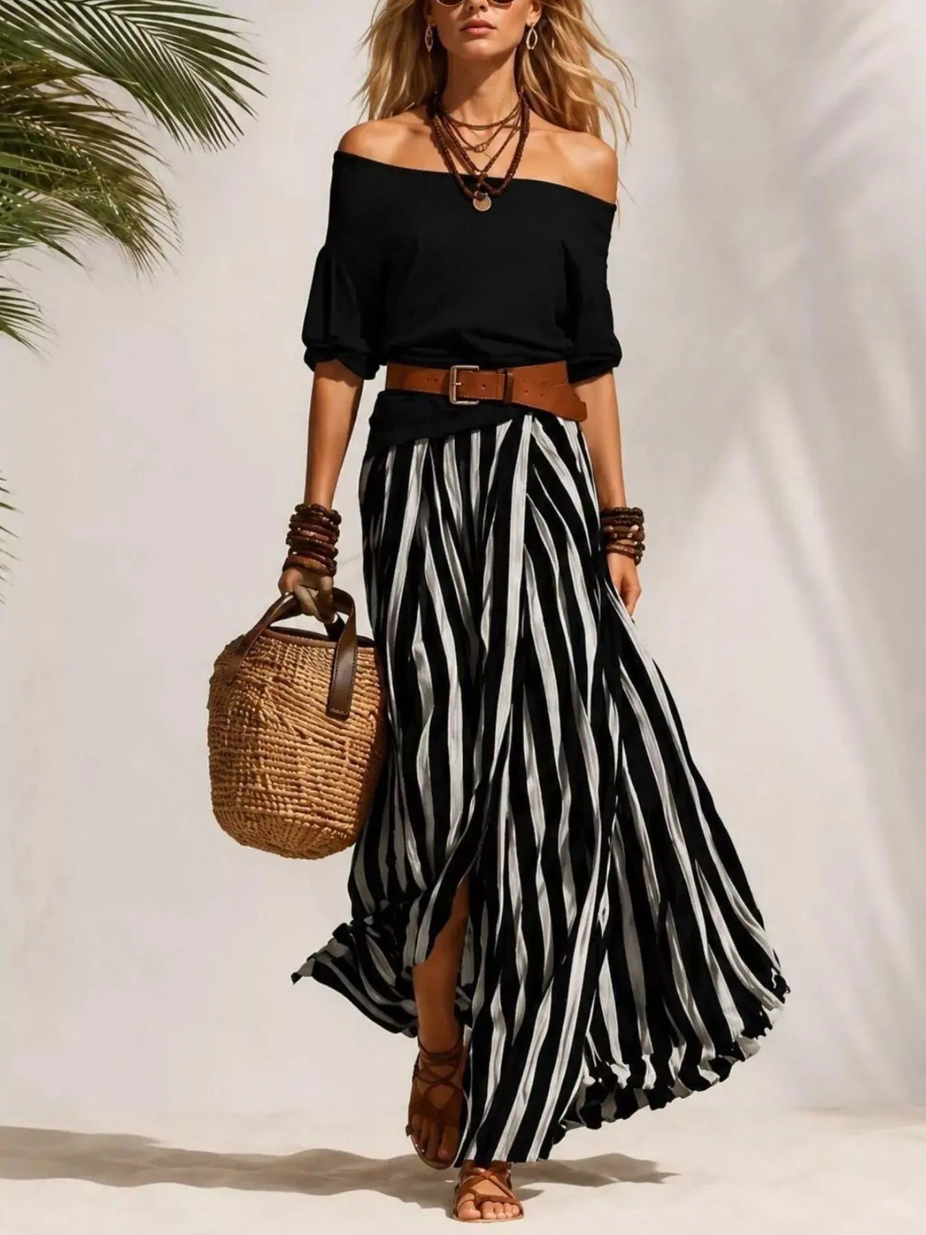 Women's Off-Shoulder Top & Striped Maxi Skirt Set – 9 Colors, S–2XL Vicsxox