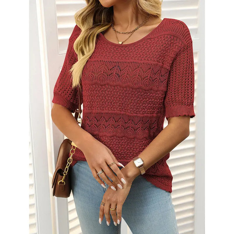Women's Boho Crochet Knit Hollow-Out Top | Short Sleeve Summer Blouse Vicsxox