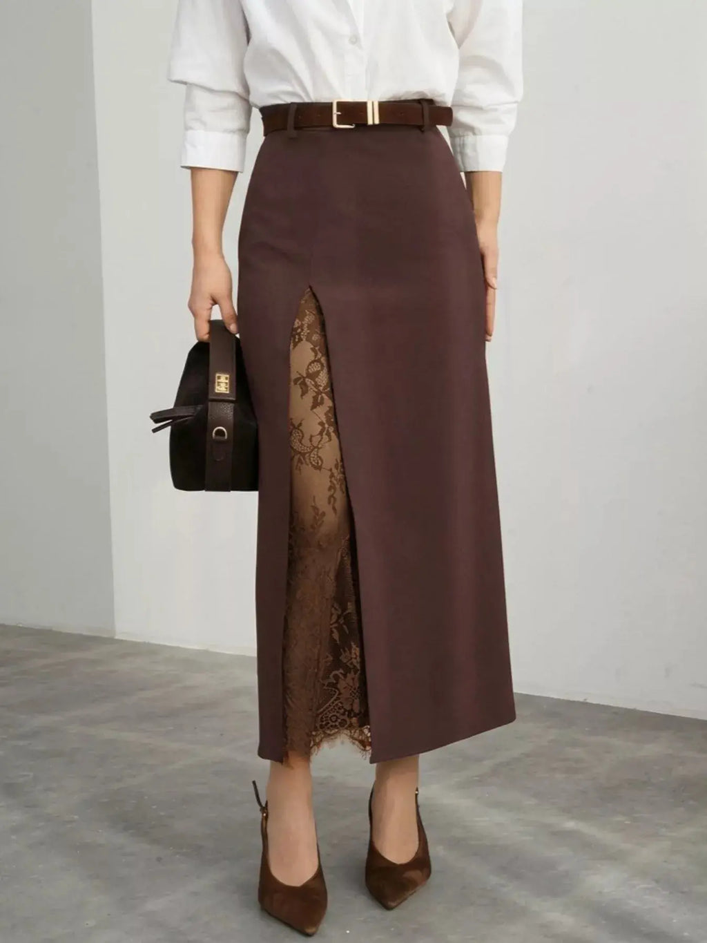 Elegant lace-trimmed slit a-line skirt, front view