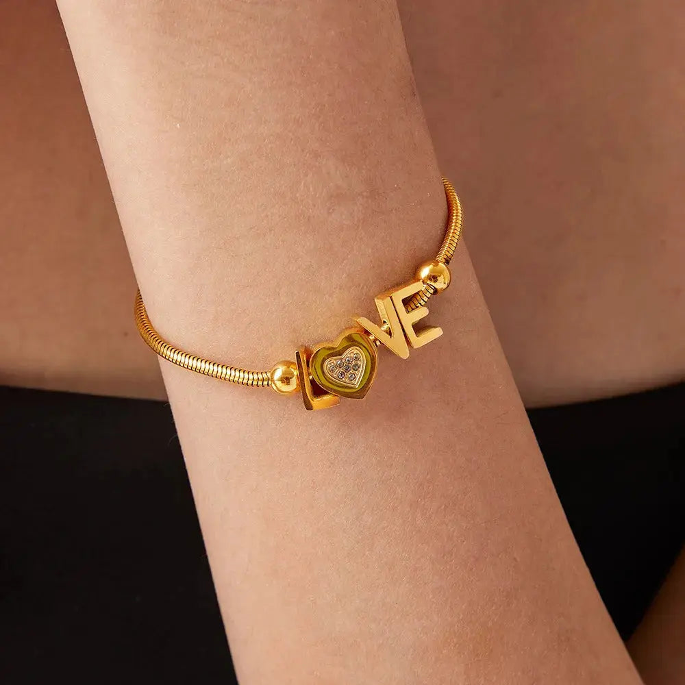 Titanium steel rhinestone letter bracelet, front view