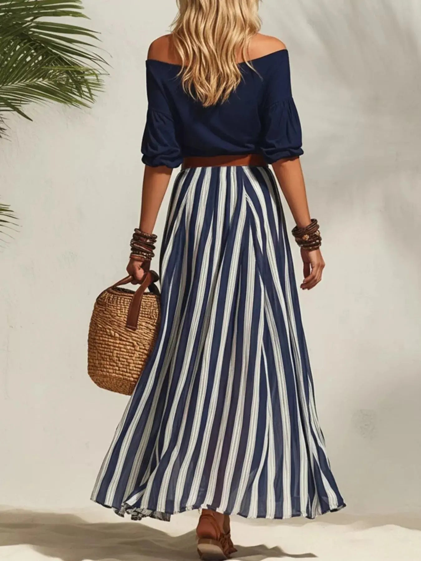 Women's Off-Shoulder Top & Striped Maxi Skirt Set – 9 Colors, S–2XL Vicsxox