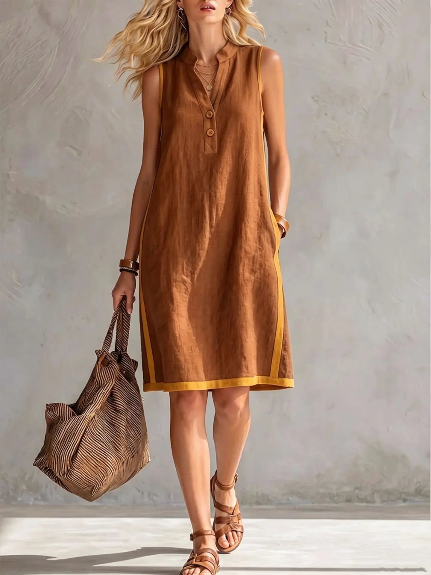 Woman wearing a brown dress holding a matching bag against a neutral background